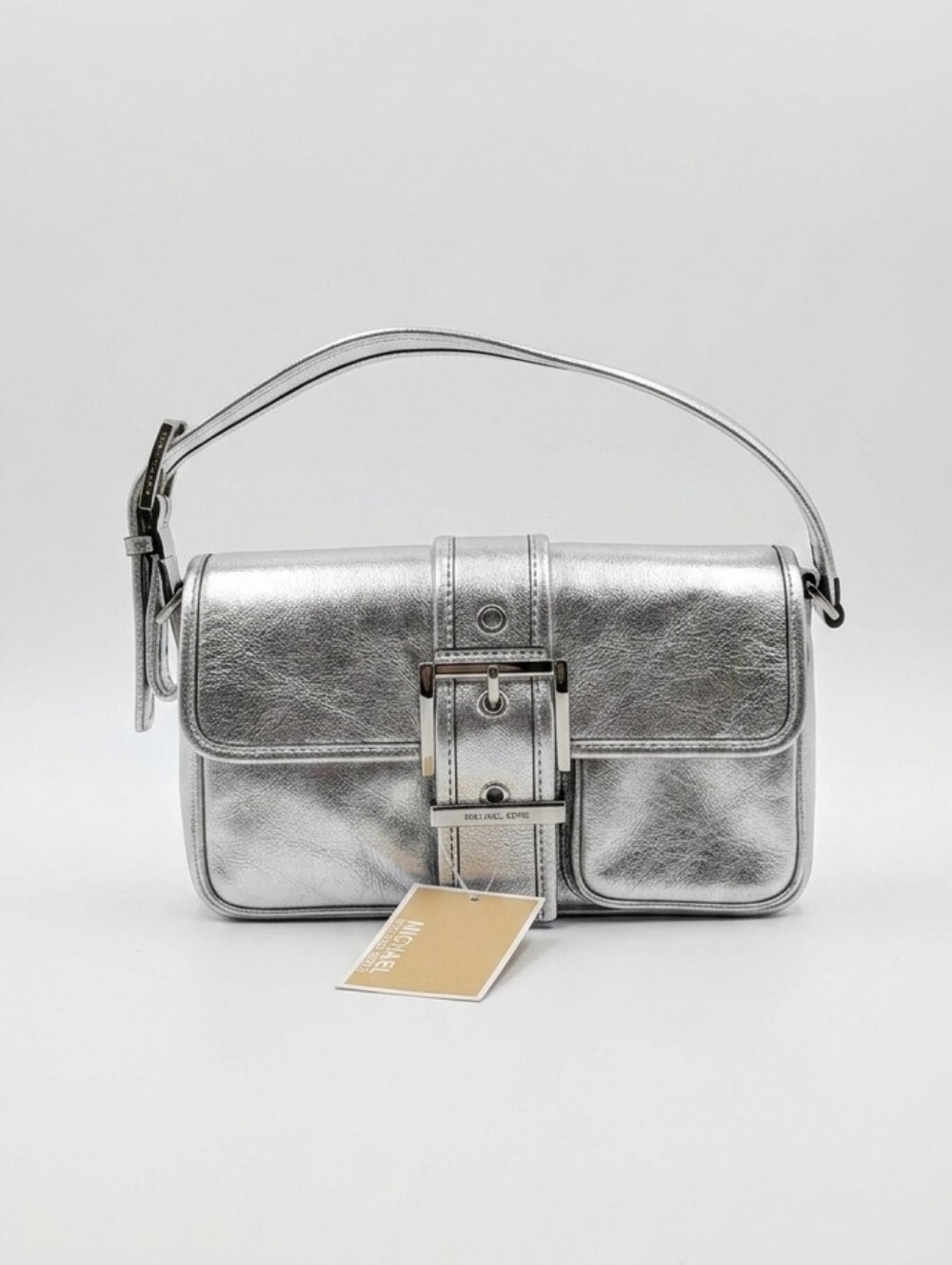 Michael Kors Colby Shoulder Bag Silver Metallic Leather Suede Interior NWT